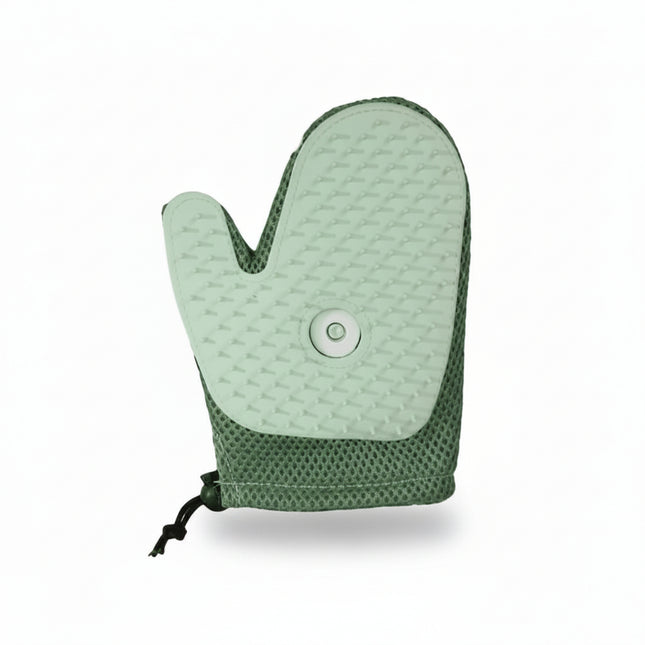 Green oven mitt with textured surface and button on a white background