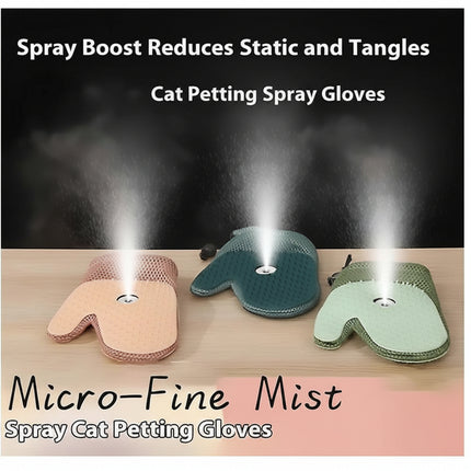 Three cat petting spray gloves with mist being sprayed on a wooden surface, against a black background.