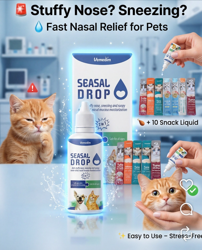 Advertisement for SEASAL DROP nasal relief product for pets with a cat and a hand holding the product.