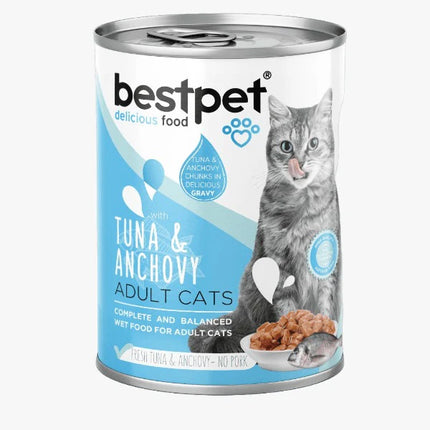 Can of BestPet cat food with tuna and anchovy flavor on a white background