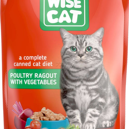 Wise Cat cat food pouch with a cat on the packaging