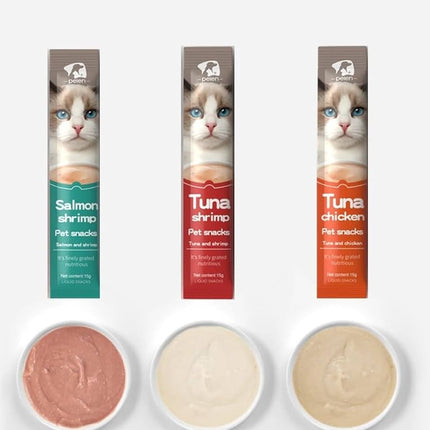 Cat snacks packaging with three flavors displayed below on a white background