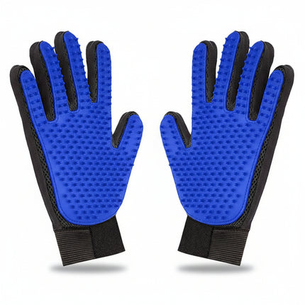 Pair of blue grooming gloves with black accents on a white background