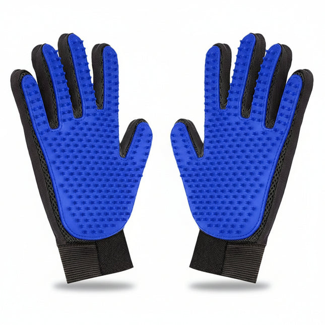 Pair of blue grooming gloves with black accents on a white background