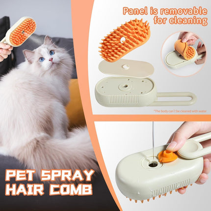 Pet spray hair comb with a cat and close-up details on a gray background