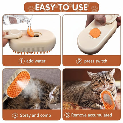 Step-by-step guide on how to use a pet grooming tool with images of adding water, pressing a switch, spraying and combing, and removing accumulated lint.