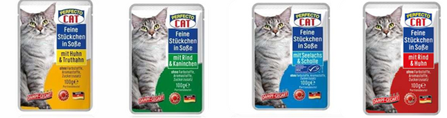 Perfecto cat wet food fine pieces in  sauce with  chiken &  turkey/ Beef and rabbit/ Salmon/Beef and chicken 100g