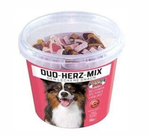PERFECTO Dog Duo heart Mix 500g in a bucket dog treats