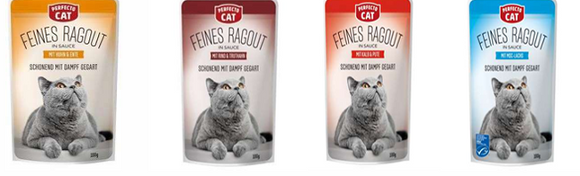 Perfecto cat wet food Offer fine ragout with Chicken and duck/Beef/Veal and turkey/Salmon 100g