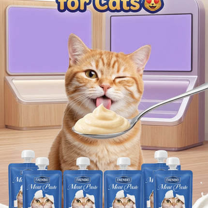 Cat eating meat paste with Jumanji PetSpot branding in the background