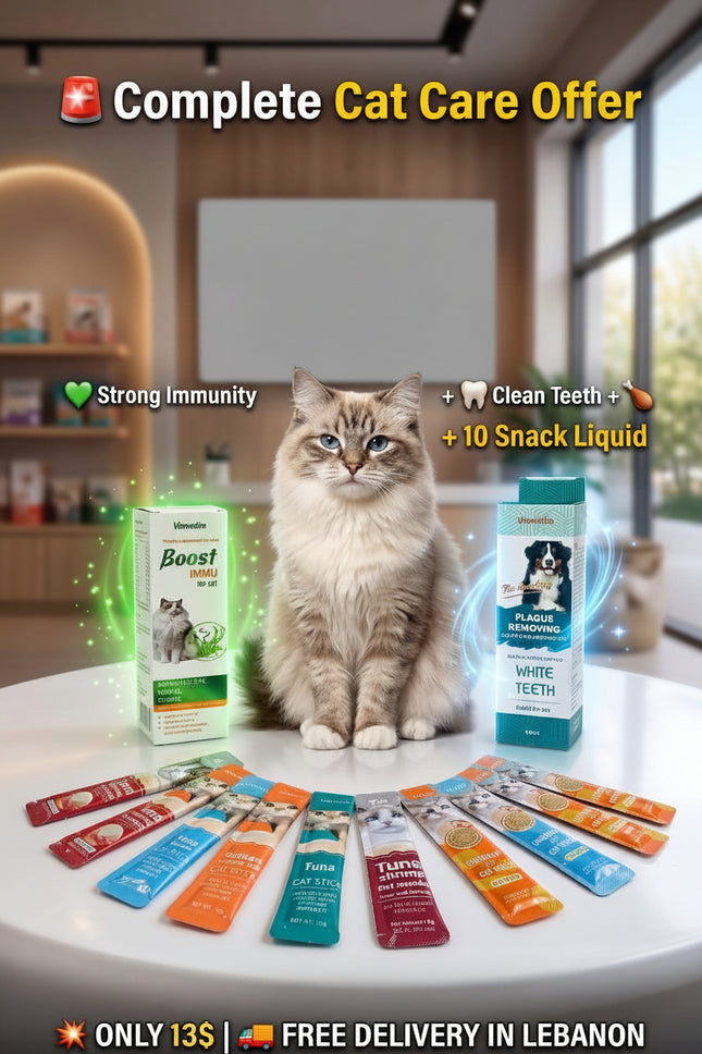 Cat sitting on a table with pet care products and promotional text in the background.