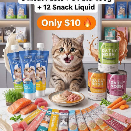 Cat food products including meat paste, pate, and snack liquid with a cat on a table.