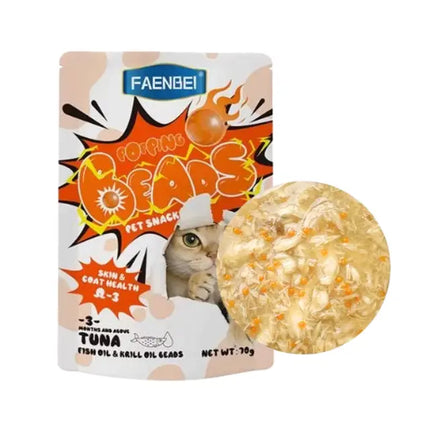 Faenbei- Premium Popping Beads Cat Pouch 70g With:  Chicken Milkshake & Fucoidan/ Tuna & Fish Oil &Lutein Ester/ Tuna & Fish Oil & Krill/ Duck & Lutein Ester/ Salmon & Cellulose/ Chicken & Barley Grass/ Chicken & Astaxanthin