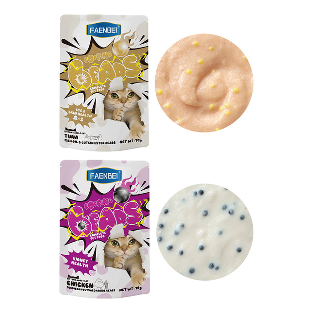 Faenbei- Premium Popping Beads Cat Pouch 70g With:  Chicken Milkshake & Fucoidan/ Tuna & Fish Oil &Lutein Ester/ Tuna & Fish Oil & Krill/ Duck & Lutein Ester/ Salmon & Cellulose/ Chicken & Barley Grass/ Chicken & Astaxanthin