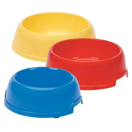 Three colorful plastic bowls (yellow, red, blue) on a white background