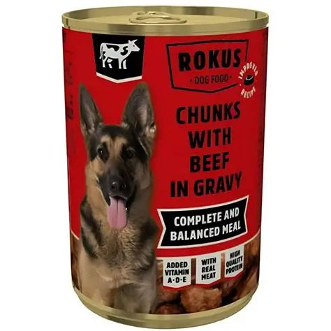 Rokus- Premium Dog Wet Cans: Chunks IN GRAVY with beef/or chicken 1240g