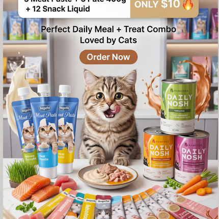Cat food products including meat paste, pate, and snack liquid with a cat sitting on a table.