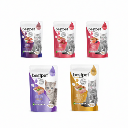 Five packages of BestPet cat food on a white background