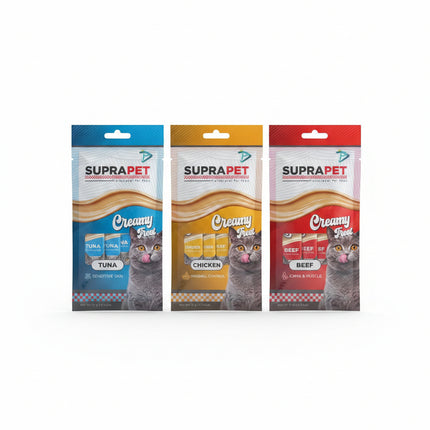 Three packages of SupraPet creamy pet food on a textured surface