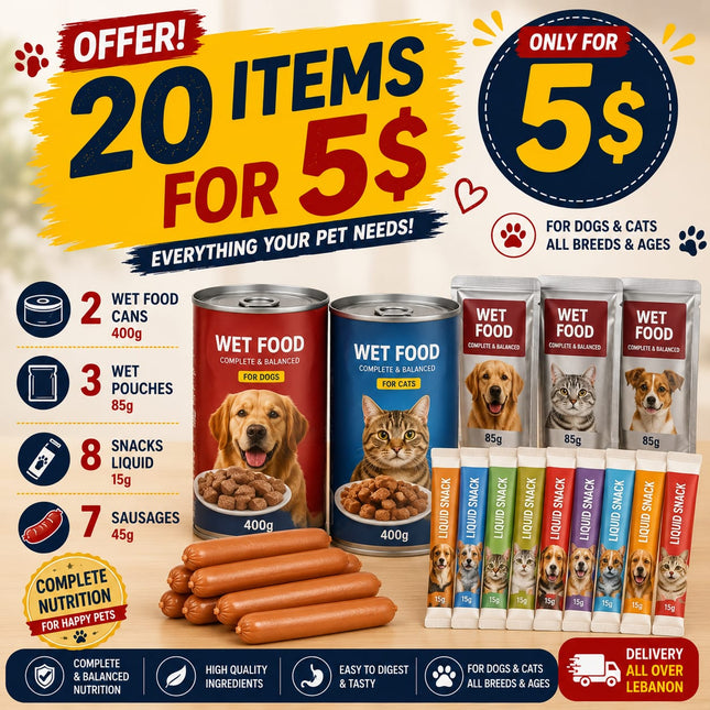 Offer- 20 items for 5$: 2wet food Cans+ 3 Wet pouches + 8 Snacks Liquid+ 7 Sausages| ONLY for 5$