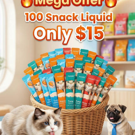 Promotional image of Jumanji Pet Shop cat and dog liquid snack packages with two pets and a basket of snacks.