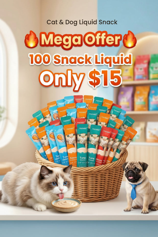 Promotional image of Jumanji Pet Shop cat and dog liquid snack packages with two pets and a basket of snacks.