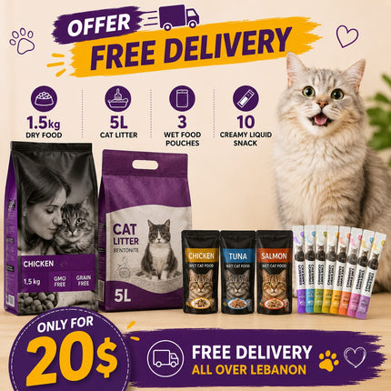 Offer Free Delivery- Amity: 1.5kg Dry food+ 5L Litter+ 3 Wet food pouches+ 10 Creamy liquid snack| Only for 20$