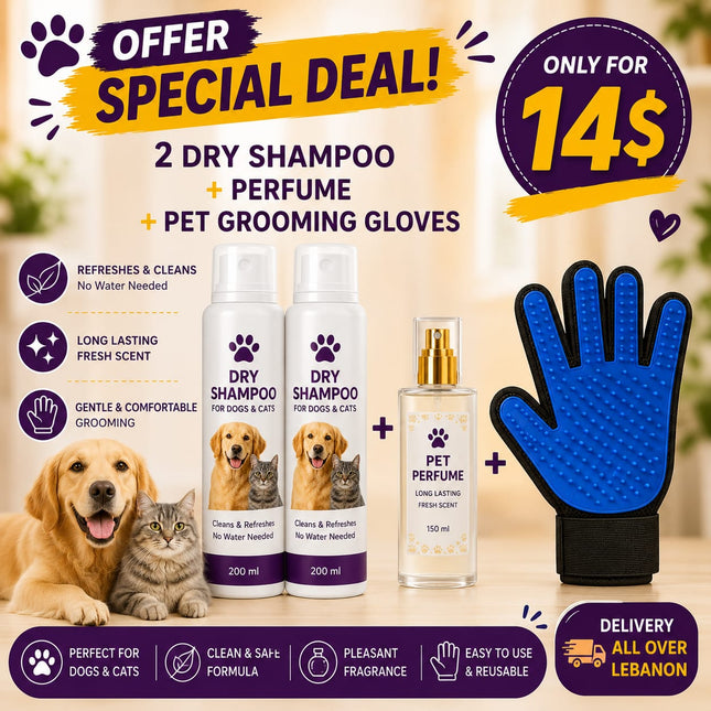 Offer- for Cat and Dog: 2 Dry Shampoo + Perfume + Pet Grooming Gloves| Only for 14$