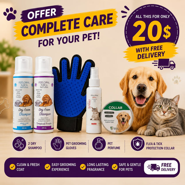 Offer Free delivery- 2 Dry Shampoo + Perfume + Antiparasite Cat Collar + Pet Grooming Gloves| Only for 20$