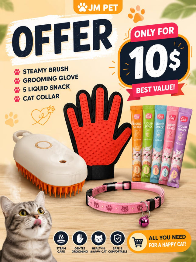 Offer- steamy brush + grooming glove + 5 liquid snack + cat collar: only for 10$