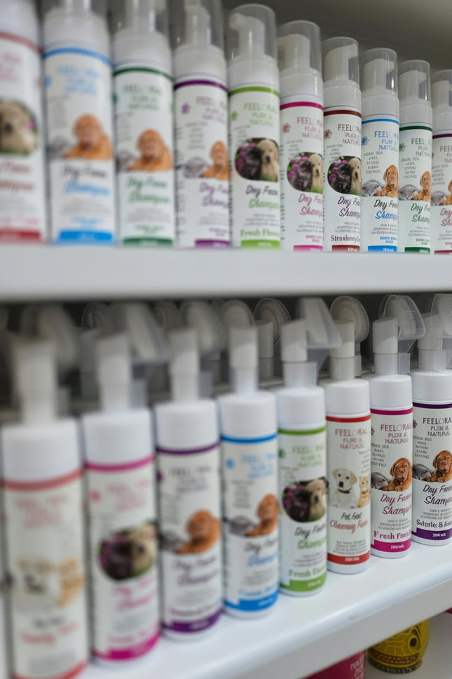 Row of pet care products on a shelf with visible branding.