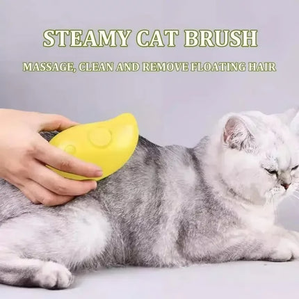 Person using a yellow steamy cat brush on a gray and white cat with text indicating its use.