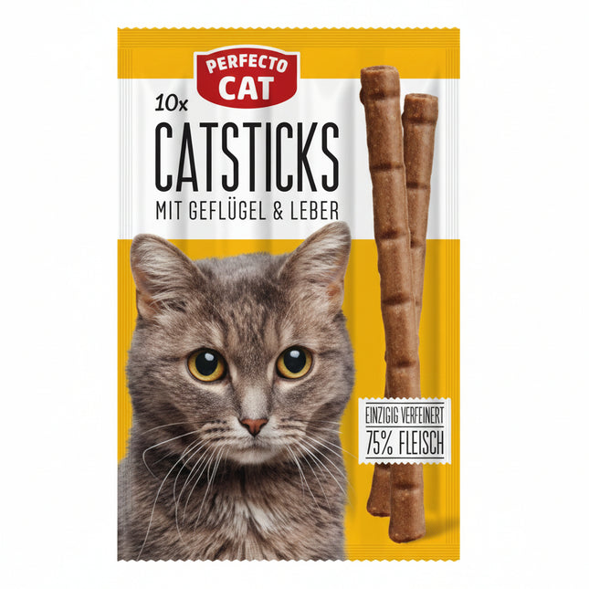 Cat sticks packaging with a cat's face on a yellow background
