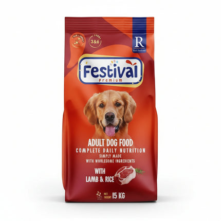 Festival Premium Adult Dog Food package with a dog on the front, featuring lamb and rice.
