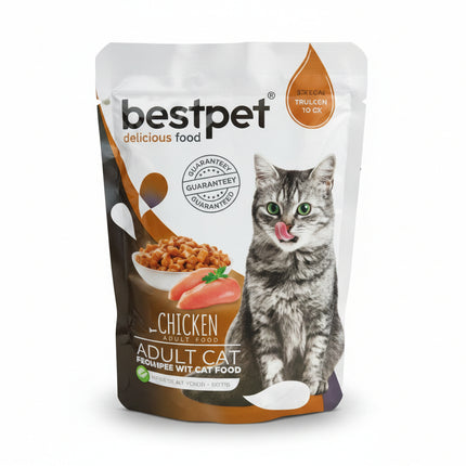 BestPet cat food pouch with a cat on the label against a white background