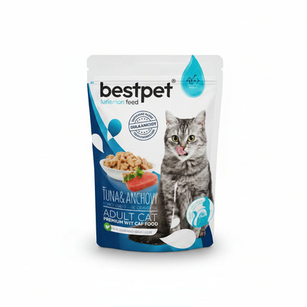 Bestpet cat food package with a cat illustration on a white background