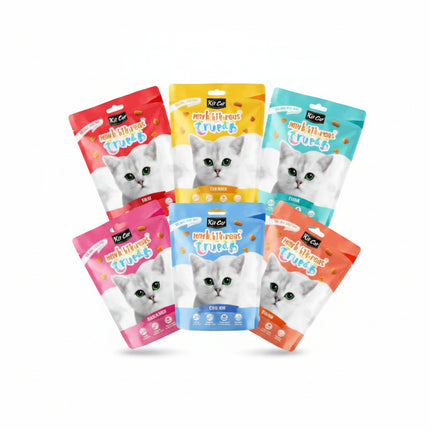 Assorted small packages with cartoon dog illustrations on a white background