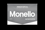 A gray triangular product tag or label with white text reading 'Monello' and smaller text 'PREMIUM ESPECIAL' and 'GATOS FILHOTES' on a plain white background.