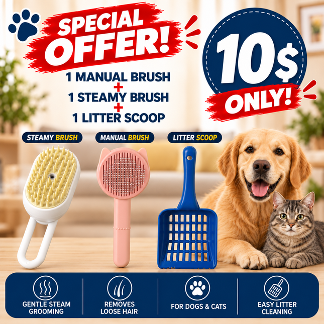 Offer- 1 Manual Brush +  1 Steamy Brush + 1 Litter Scoop| Only for 10$