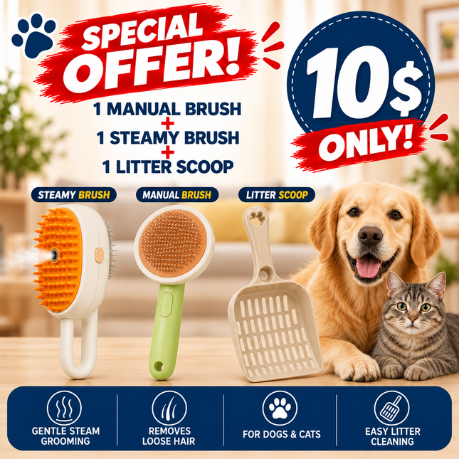 Offer- 1 Manual Brush +  1 Steamy Brush + 1 Litter Scoop| Only for 10$