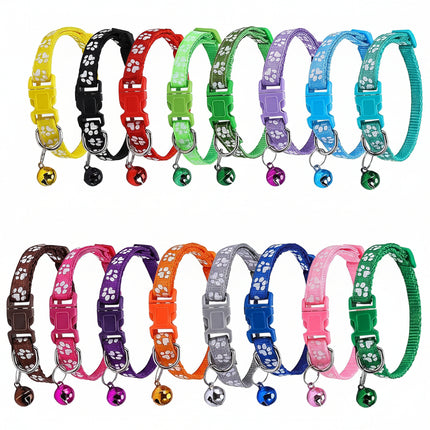Pet Collar With Bell Cartoon Footprint Colorful Dog Puppy Cat Accessories Kitten Collar Adjustable Safety Bell Ring Necklace Pet
