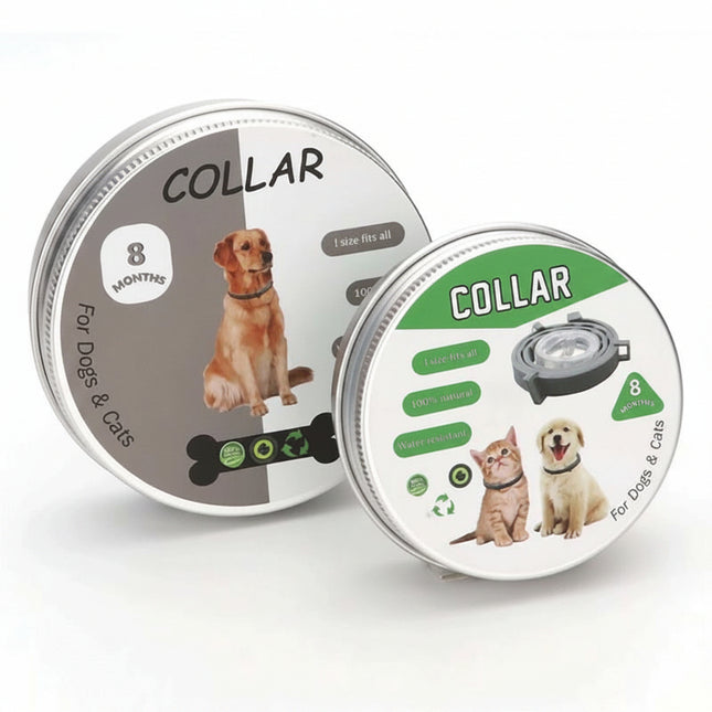 Two pet collar packaging tins for dogs and cats on a white background
