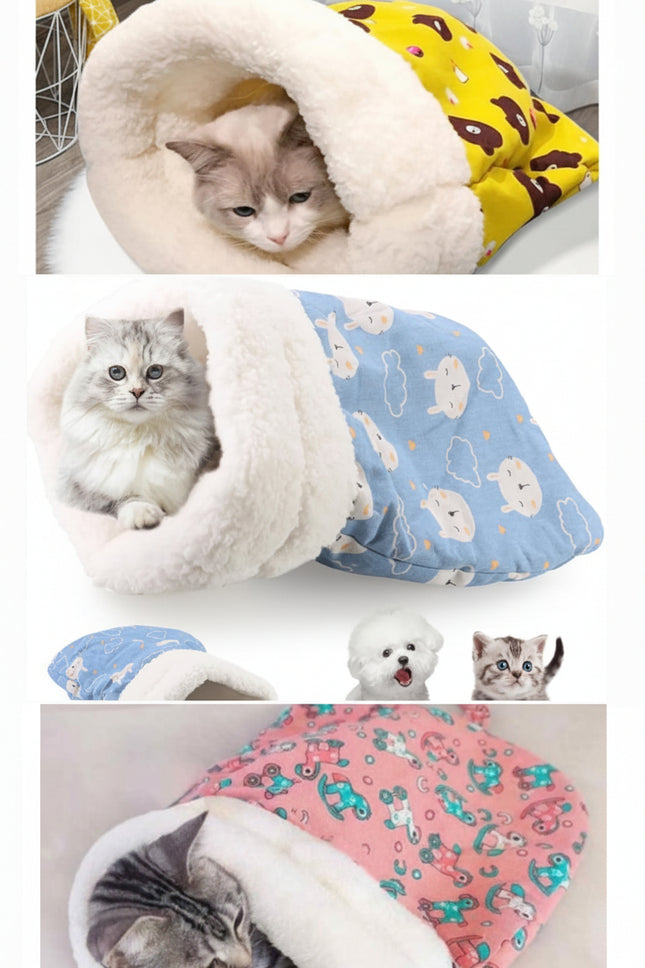 Collage of cats in various patterned pet beds.