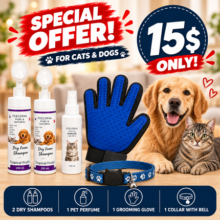 Offer- for Cat and Dog: 2 Dry shampoo+1 perfume+ 1 Grooming Glove+  1 Collar| Only for 15$