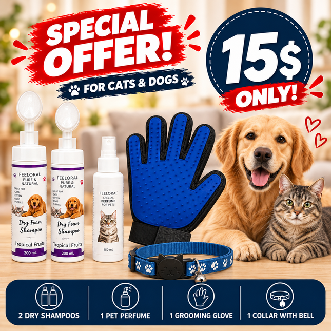 Offer- for Cat and Dog: 2 Dry shampoo+1 perfume+ 1 Grooming Glove+  1 Collar| Only for 15$