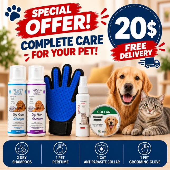 Offer Free delivery- 2 Dry Shampoo +  1 Perfume +1 Antiparasite Cat Collar +1 Pet Grooming Gloves| Only for 20$