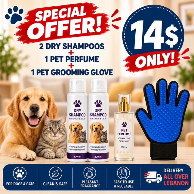 Offer- for Cat and Dog: 2 Dry Shampoo + 1 Perfume +  1 Pet Grooming Gloves| Only for 14$