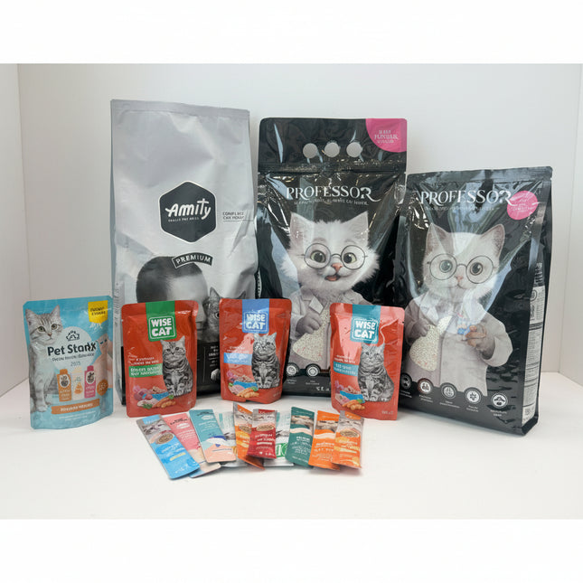 Assorted cat food packages from different brands on a white background
