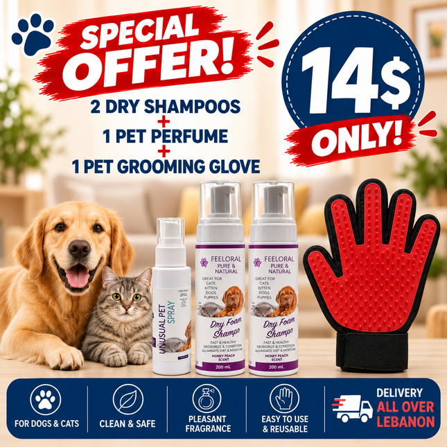 Offer- for Cat and Dog: 2 Dry Shampoo + 1 Perfume +  1 Pet Grooming Gloves| Only for 14$