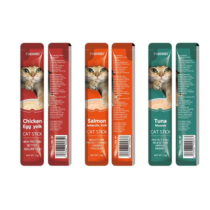 Five packages of Faenbei cat sticks in different flavors on a white background